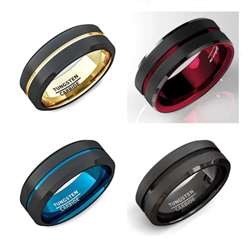 Bandas fdlk novas 4 cores 8mm preto arborizada preta borda inoxidável anel de anel de anel listra de jóias do anel de casamento masculino por atacado