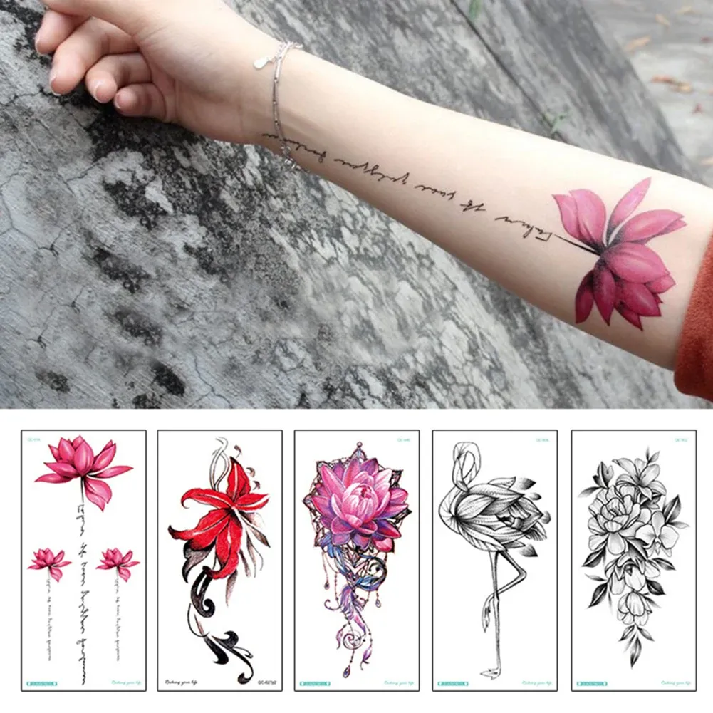 Dövmeler 1sheet Renkli Şakayık Çiçekleri Dövme Kadınlar Su Geçidi Geçici Siyah Dövme Sticker Kadınlar Bilek Kol Kolları Tatoo Sahte Vücut Sanat