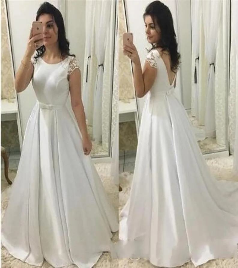 Sexy Open Back Cap Short Sleeve Prom Dresses Long Elegant White A Line Formal Party Dress with Belt Vestidos De Gala5933566