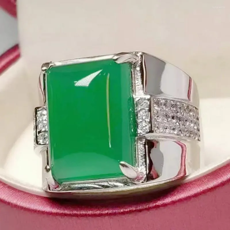 Cluster Rings Big Square Green Jade Emerald Gemstones Diamonds Masculine For Men Cool Agate White Gold Filled Finger Bands Jewelry Bague