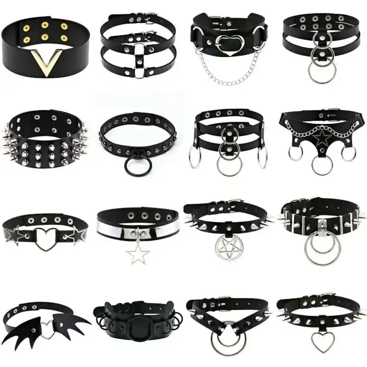 Necklaces Women Punk Gothic Black Pu Leather Choker Necklaces 2021 Hollow Heart Spike Rivet Neck Jewelry Collar Necklace Cosplay Harajuku