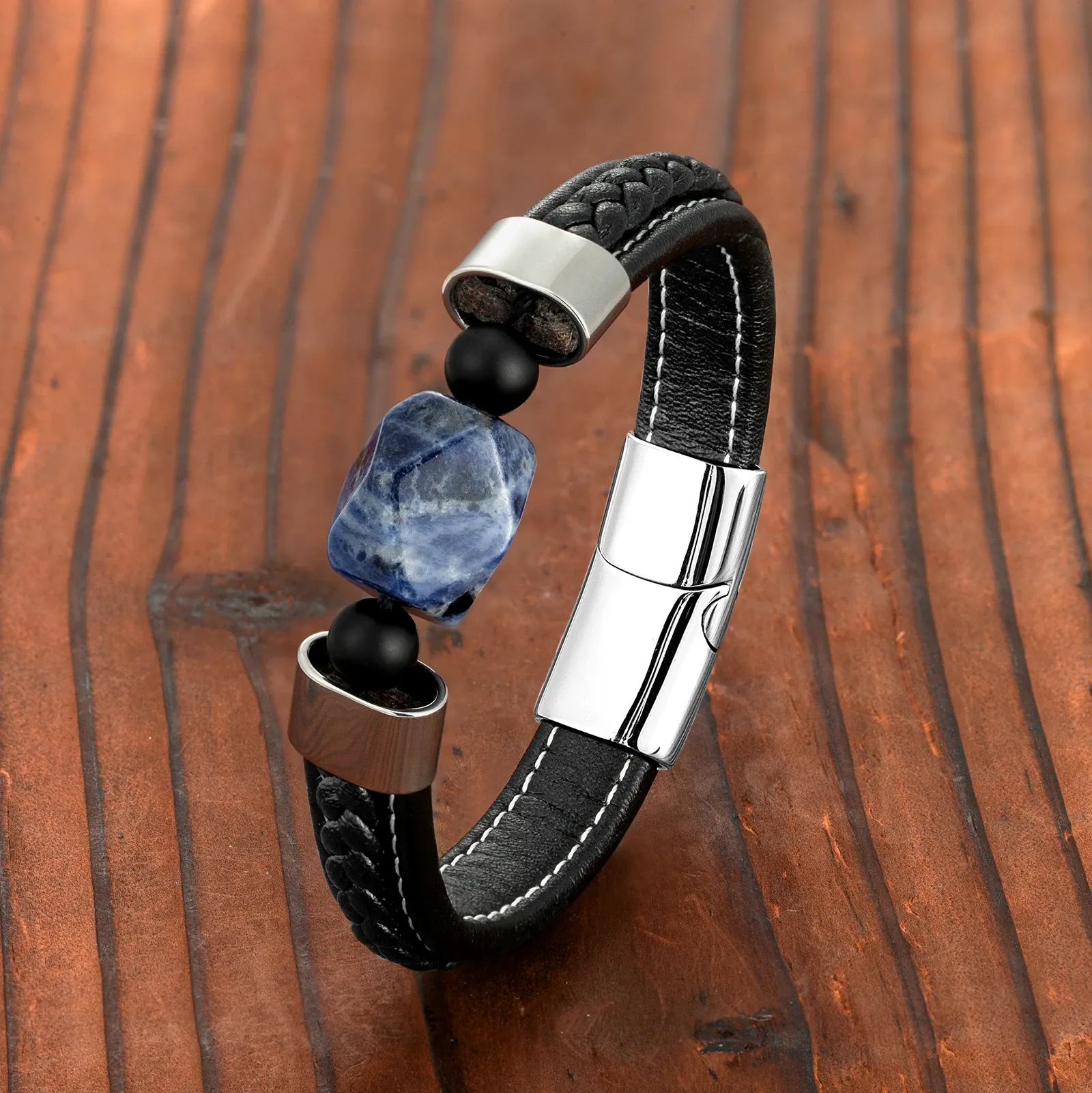 Strands Fashion Rhombus Natural Blue Stone Stone Bracciale da uomo Bracciale da uomo 316L Bracciale in pelle in pelle inossidabile