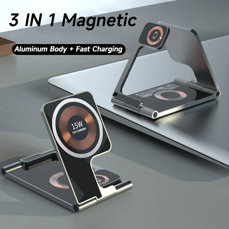 充電器折りたたみ可能な透明な磁気QIアップルウォッチのワイヤレス充電器スタンド8 iPhone 14 13 12 Pro AirPods 15W高速ワイヤレス充電