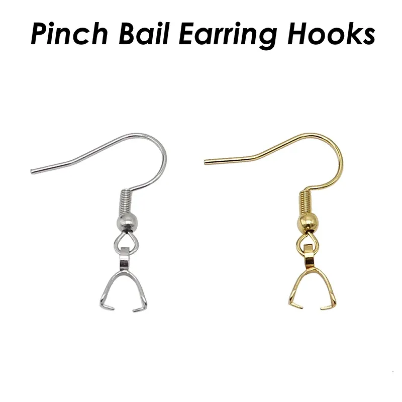 Components 100 Pieces Stainless Steel Pinch Bail Earring Hooks Gold Color, Wholesale Earring Hooks with Pinch Bails, Ear Wires with Bail