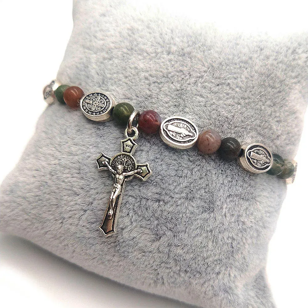 Bangle Komi Catholic Religious Agates Stone Beads Alloy Bracelets Men Women Christ Jesus Orthodox Cross Pendant Rosary Bracelets R341