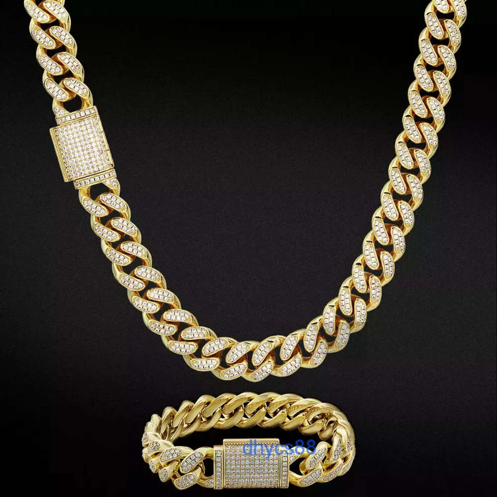 High Quality Men Cz Crystal 12mm Real Brass Thick Pave Cuban Link Chain Hip Hop Jewelri 14k Solid Gold Pvd