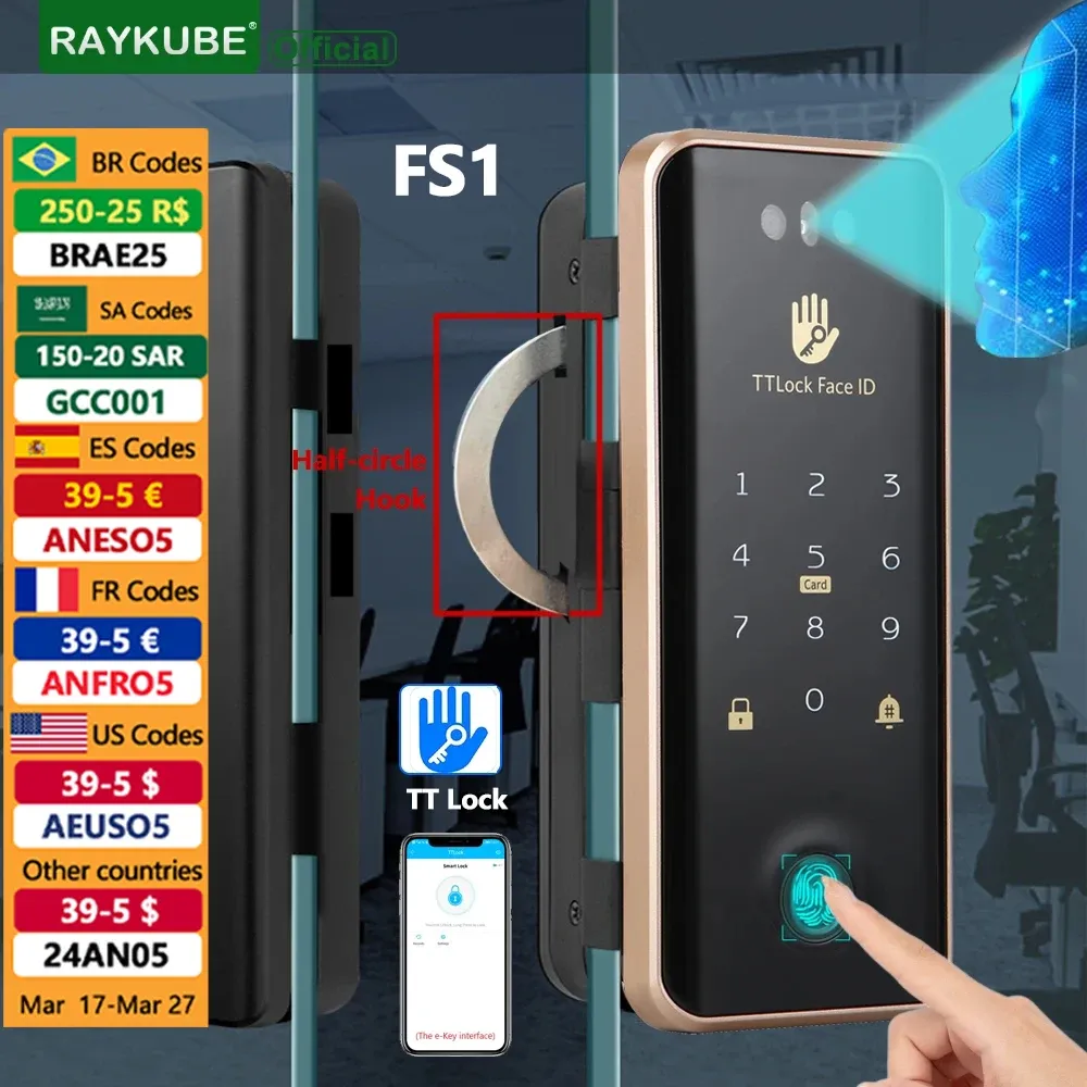 Steuerung von Raykube FS1 TT Lock 3D Face Erkennung Smart Lock mit Halfcircle Hook Biometrische elektronische Fingerabdruck Entsperren Sie Glastür Schloss