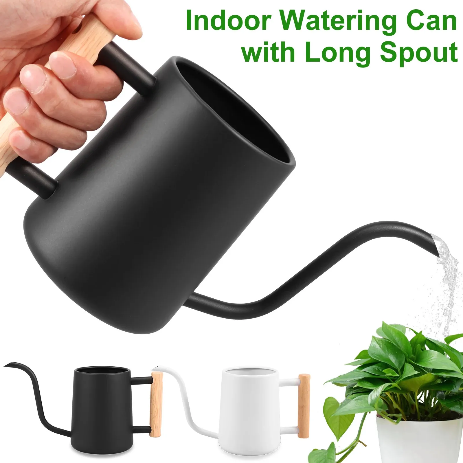 1L Watering Can Small Watering Can Indoor Plants w/ Wooden Handle Stainless Steel Watering Pot w/ Long Spout Garden Watering Can 240409