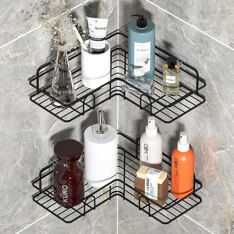 Banyo köşesi çerçevesi raf şampuan depolama rafı mutfak duvar depolama siyah sepet emme bardağı organizatör banyo aksesuarları