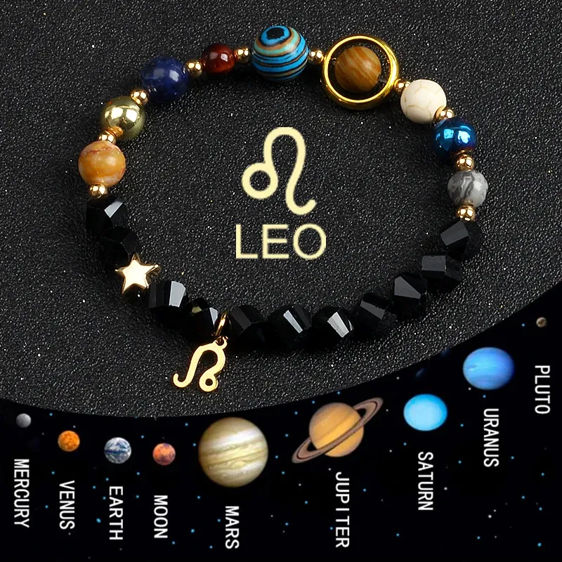 Strängar 12 Constellation Galaxy Planets Armband för kvinnor Kvinnor Solsystem Zodiak Virgo Cancer Leo Vågen Charm Armbandsmycken gåva