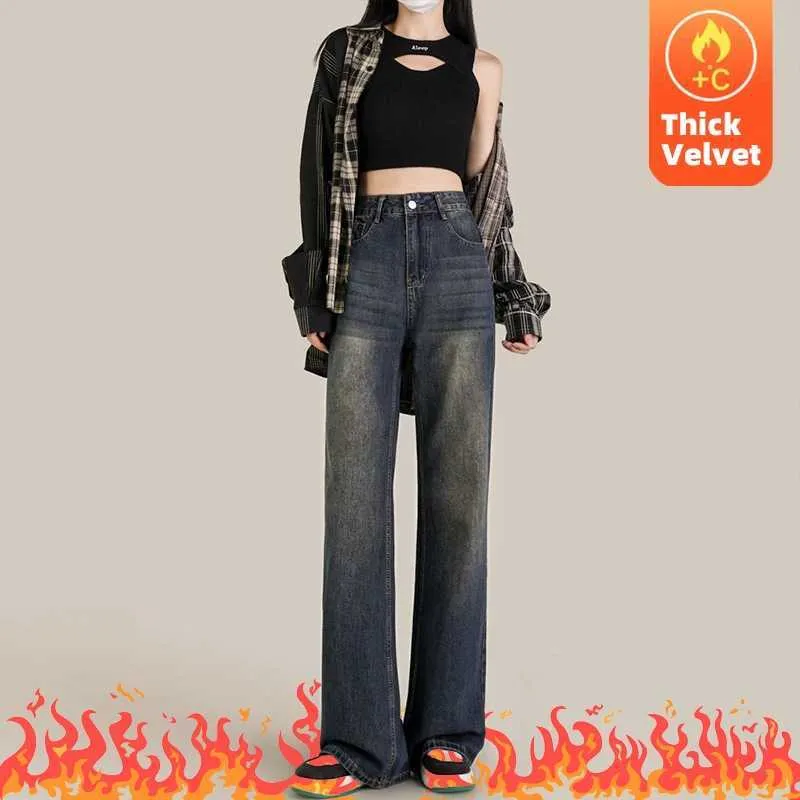 Jeans femininos de alta qualidade inverno grosso jeans para mulheres calças de perna larga e calças jeans de jeans de veludo lavado