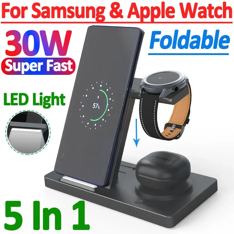 Carregadores 30W 5 em 1 carregador sem fio Stand para iPhone Samsung S22 S21 S20 Galaxy Watch 5 4 3 Active 2/1 Buds estação de dock de carregamento rápido