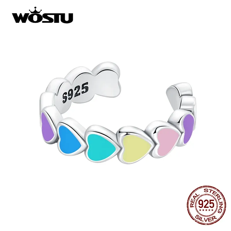 أقراط Wostu Real 925 Sterling Silver Rainbow Heart Cuff Monoear for Women Fashion Clotful Ear Clip Fine Allmatch Jewelry 1 قطعة