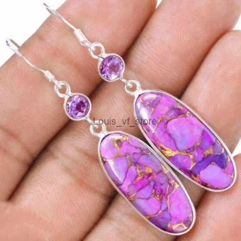 Leghielier squisito Orecchini a colori argento ovali per donne Boho in metallo intarsiata in pietra viola in pietra viola regalo H240423