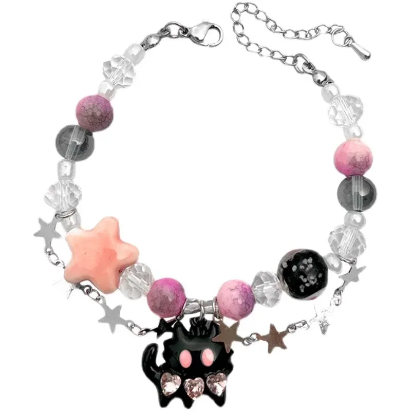 Strands Fashion Mite Cat Y2K Sweet и Cool Hot Girl Star Bracelet для женщин хрустальный бисера с двойным слоем.