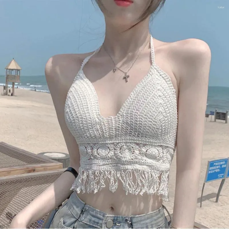 Women's Tanks Woman Bohemian Sexy Top Crochet Tank Tops Women Corset Femme Crop Camisole Japanese Fashion Knit Beachwear Built In Bra