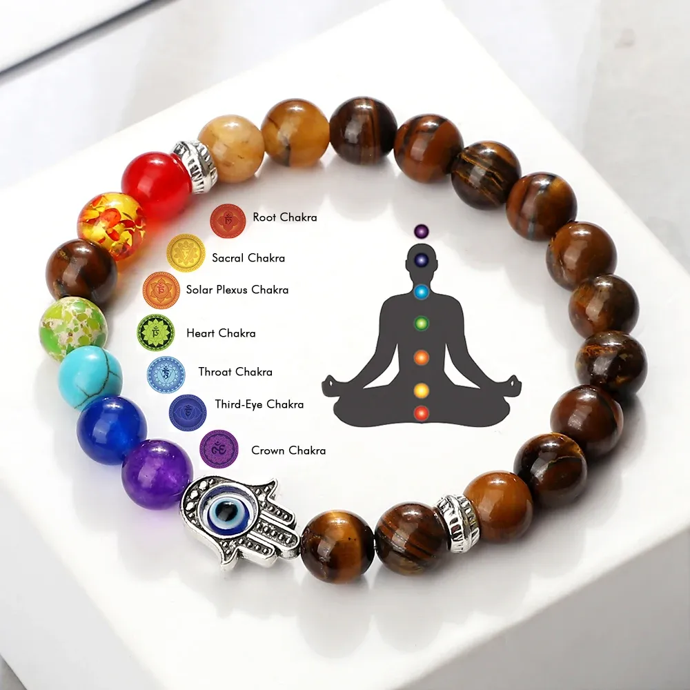 Brins 7 Chakra Bracelets Men Natural Tiger Tiger Eye Stone Lava Onyx Agates Bracelet Turkish Evil Eye Hand of Fatima Bijoux Bracles