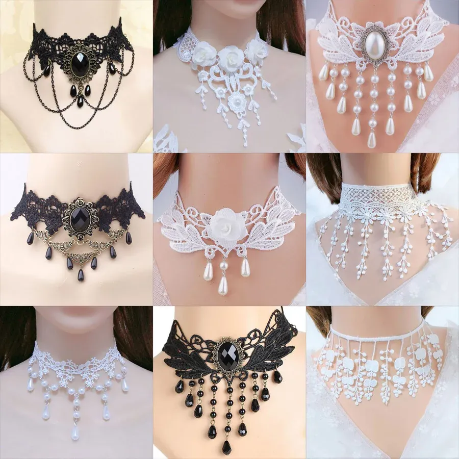 Kolyeler Lady Chokers Yaprak Tassel Kadın Boyun Takı Aksesuar Kız Dantel Gotik Vintage Seksi Moda Velvet Gül Boncuklar Çiçek Kolye