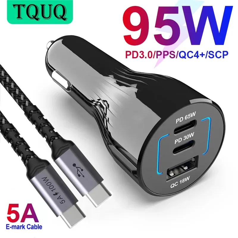 Ładowarki TQUQ 95W 3port USB C ładowarka samochodowa, super szybkie ładowanie PPS PD 65W/45W/30W/20W QC4+ 18W dla Xiaomi laptop iPhone12 Samsung Galaxy