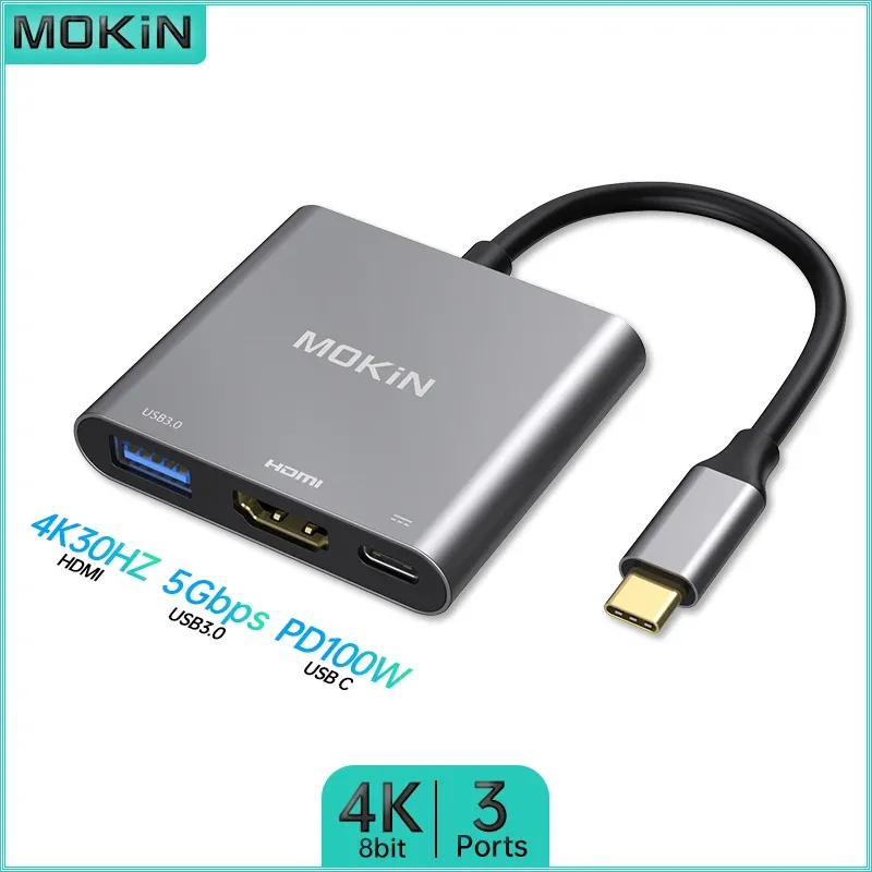 Hubs Mokin 3in1 USB C Hub | Oszałamiająca rozdzielczość HDMI 4K, dostawa zasilania PD 100W, USB 3,0 5 Gb / s dla laptopa Mac IPad Thunderbolt