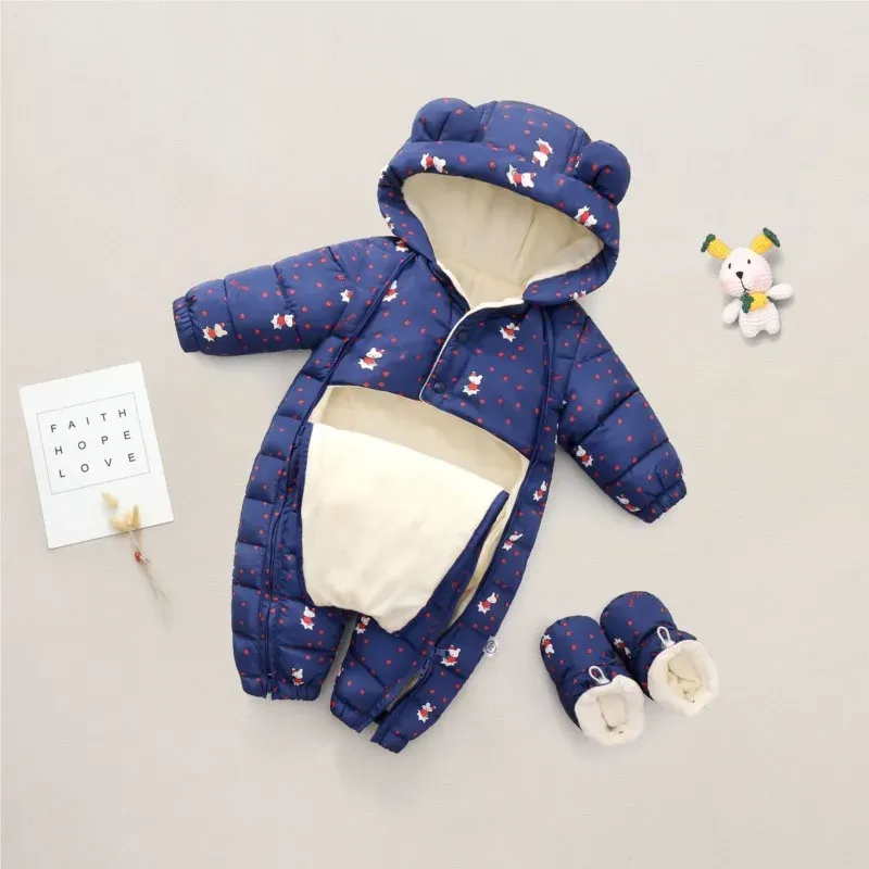 Schichten 2022 Baby Boy Winter Snowsuit bedruckte Kapuze und Samt warmes Neugeborenes Baby Jionuit Neugeborene Kind Girl Overall Strampler