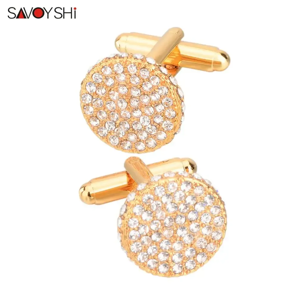 Links Savoyshi Brand Shirt Cufflinks para homens punhos de alta qualidade Cristais redondos Cuff Links gêmeos Presente Jóias masculinas Nome de gravura grátis