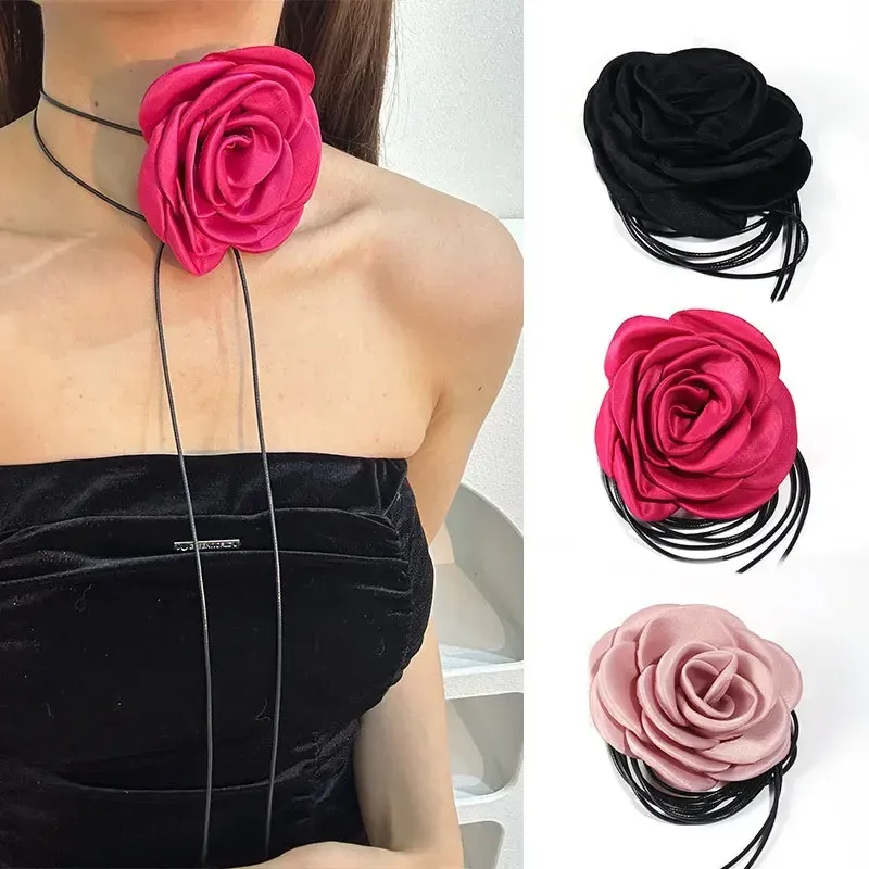 Halsband lång repkedja blomma halsband kvinnors mode 2023 ny fest romantisk choker y2k tillbehör blomma på nack satin smycken