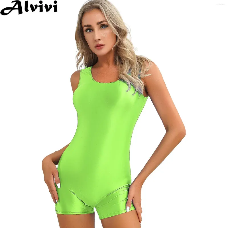 Women's Swimwear Womens Glossy Sleeveless Bodysuit Rash Guard Solid Stretchy Jumpsuit Yoga Bodybuilding Sportswear Swimsuit Beachwear