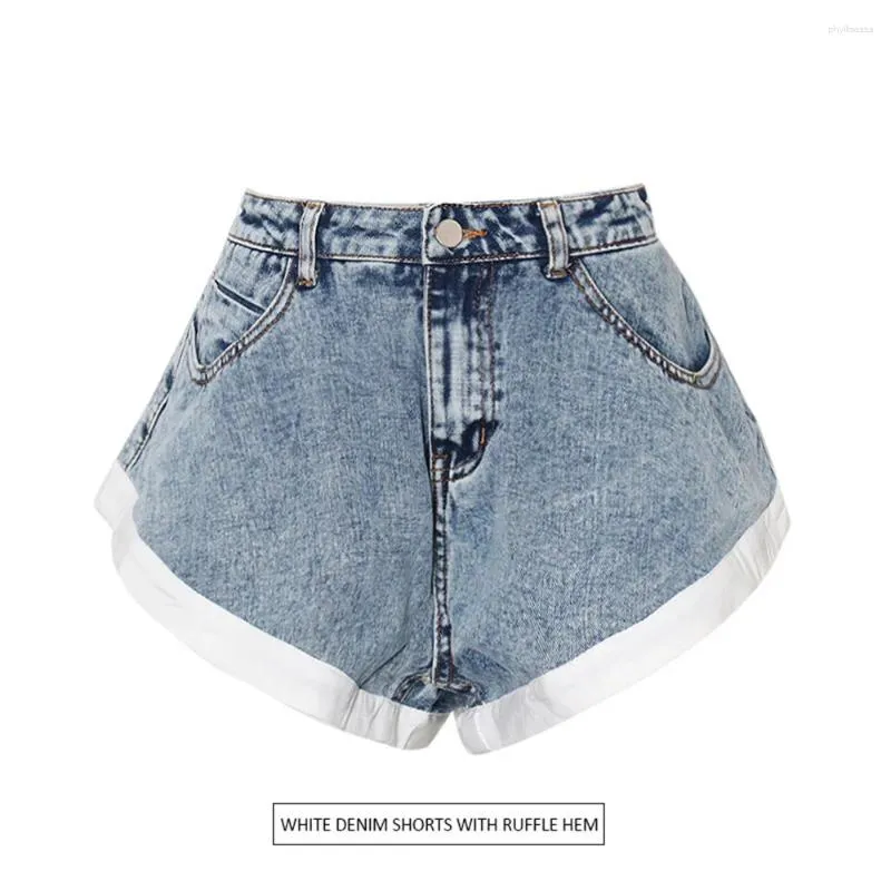 Damesjeans ruches grote zoom patchwork broek voor 2024 zomer modieuze stijl Koreaanse hoge taille losse denim shorts