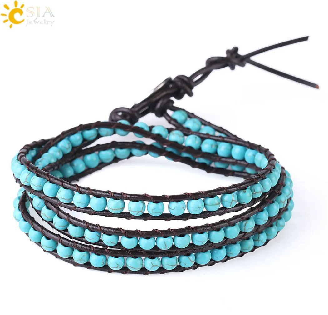 CSJA Boheemian lederen armbanden groen turquoise edelsteen meerlagige kralen wrap armband voor meisjes vrouwen 6mm brede handgemaakte boho JE16511555555