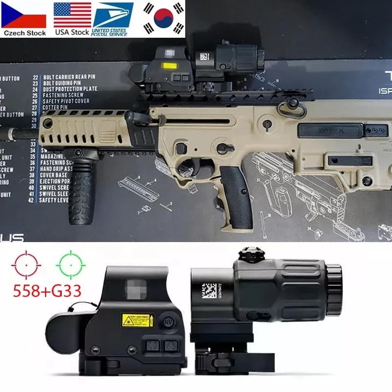 Optics G33 3x Syn förstoring med växla till sido Snabbt löstagbar QD -montering +Taktisk 558 holografisk omfattning Röd/grön geväromfång