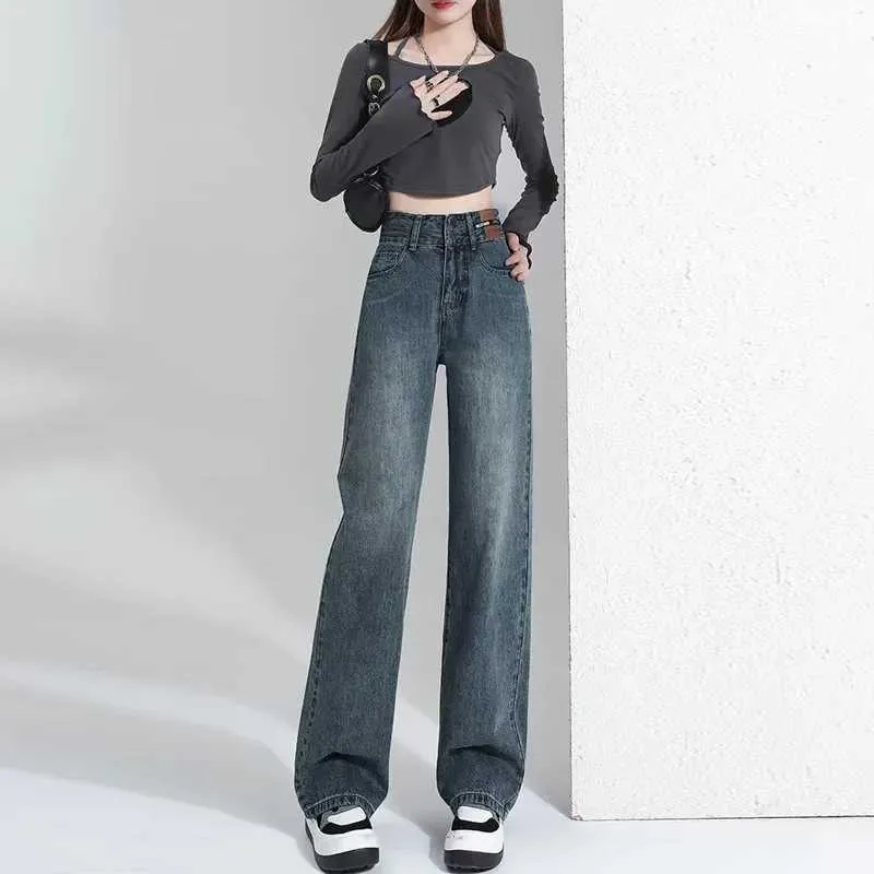 Kvinnors jeans höga midja breda benbyxor 2023 Autumn New Fashion Vintage Jeans Womens Loose Slim Straight golvlängd denimbyxor Y240422