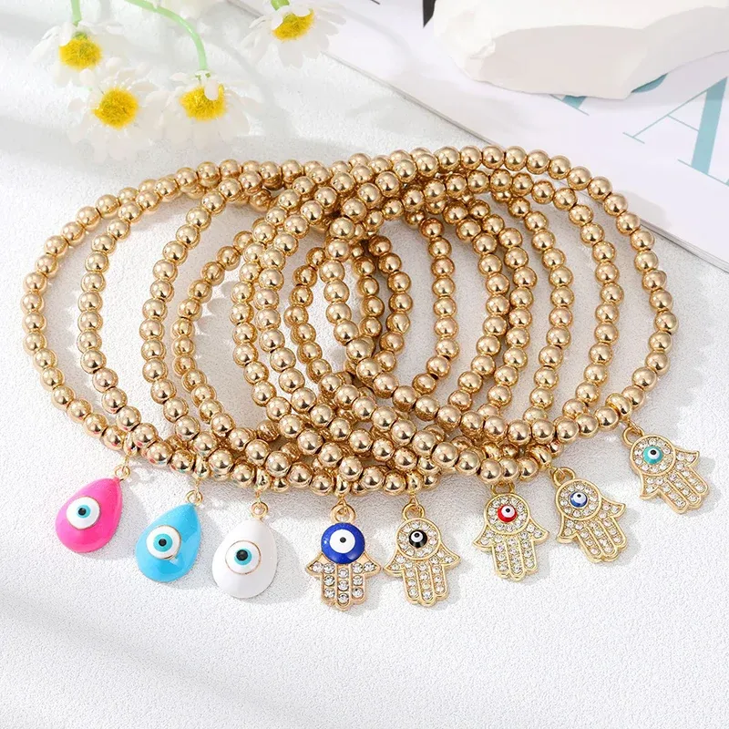 Strands Boho Zircon Turkish Evil Eye Hamsa Hand Bracelet For Women Men Trendy Fatima Hand Blue Eye Handmade Beads Chain Party Jewelry