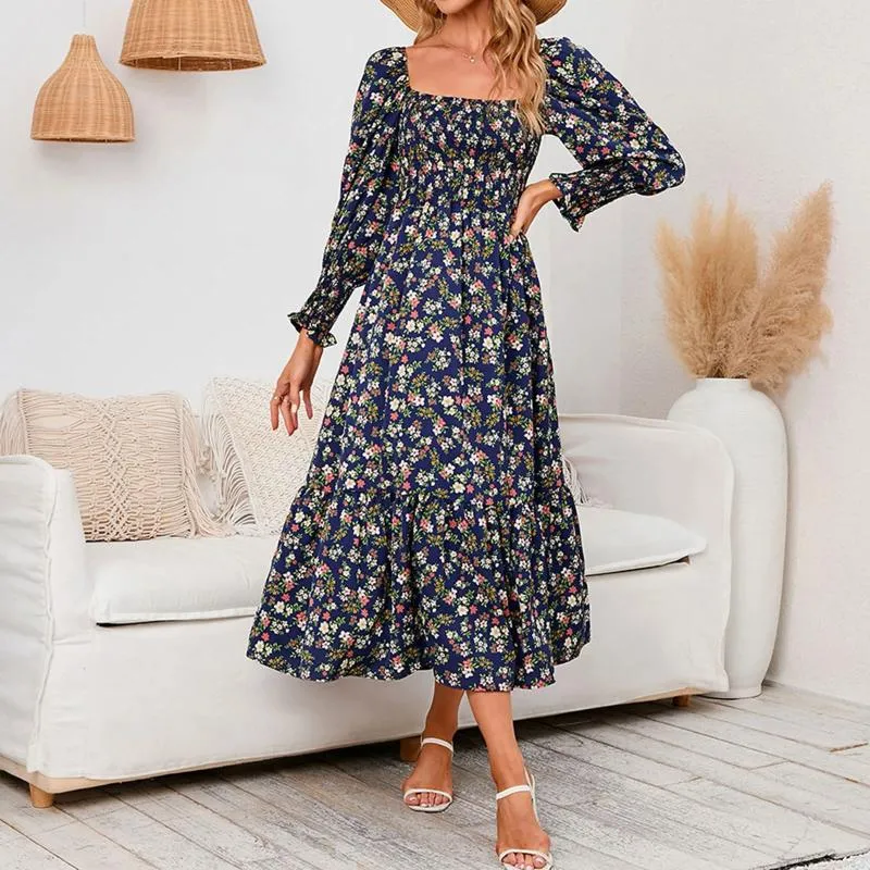 Casual jurken Elegante stijlvolle bloemen vierkante nek Chiffon Lange mouw voor vrouwen 2024 Plus size geplooide elastische jurk