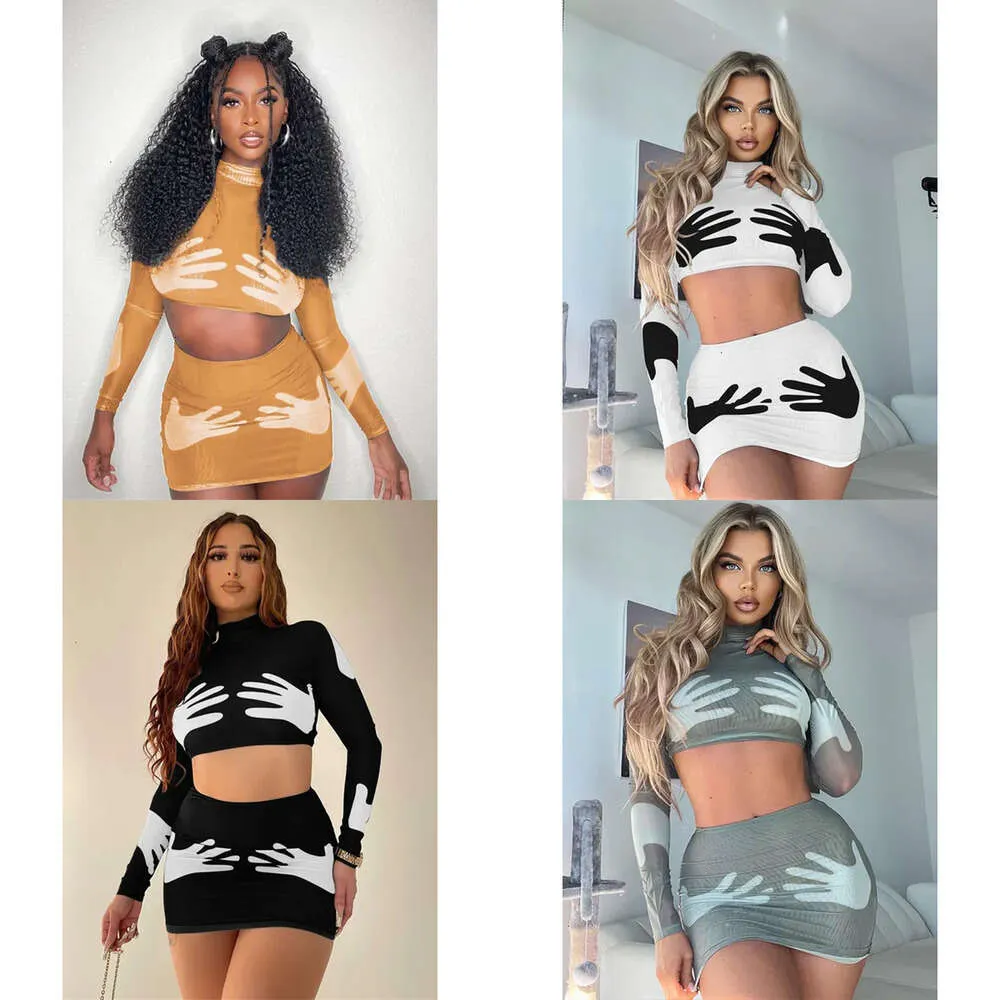 Zwei Y2K 2 -teilige Frauen Outfits Autumn Kleidung sexy Handform Print Crop Top Minirock Ins 2Piece Frauen Kleidersets 221123 Stück 113