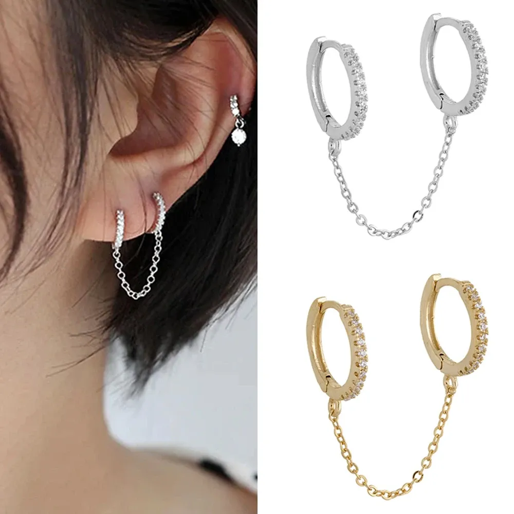 Ohrringe 1pc unisex Einfacher Kristall Zirkon Doppelohr durchbohrt Ohrringe Frauen Männer Punk Styles Langkette Hoop Ohrring Party Schmuck