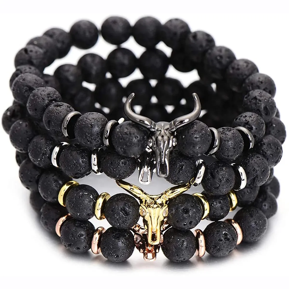 Strengen punk cz bull head schedel heren armband mode 8mm lava stenen kralen bedel armbanden armbanden macrame streng sieraden cadeau