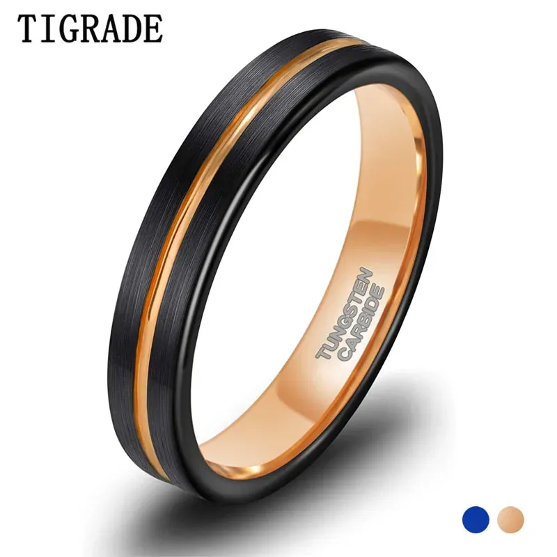 Bands TIGRADE 4mm Tungsten Ring Wedding Bands for Men Women Thin Groove Two Tone Engagement Ring Blue and Rose Gold Color Size 512