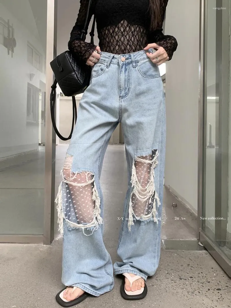 Women's Jeans Benuynffy Retro Do Old Ripped Straight High Waist Streetwear Boyfriend Loose Wide-leg Pants Spring Summer 2024