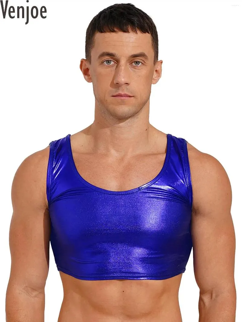 Behas stelt mannen metallic glanzende schep nek crop top mouwloos vest t-shirt slanke fit tank dance dans rave feest clubkleding workout zwemkleding