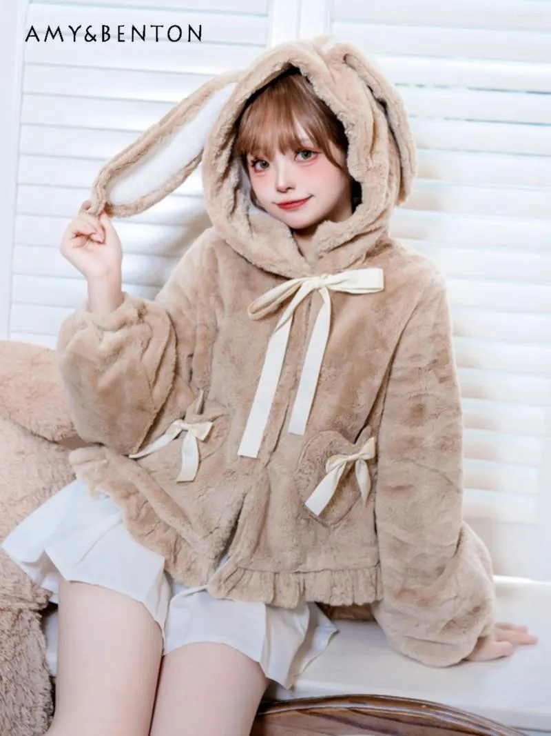 Giacche da donna dolce ragazza imitare rex peli peluche donne autunno inverno giapponese kawaii addensare orecchie caldi con cappuccio