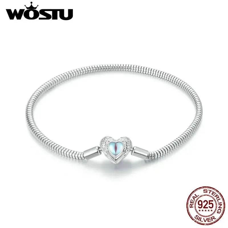 Strängar Wostu 925 Sterling Silver Guardian Angel Wings Heart Rainbow Moonstone Basic Bangle Armband Fit Original Charms Pärlor DIY Gift