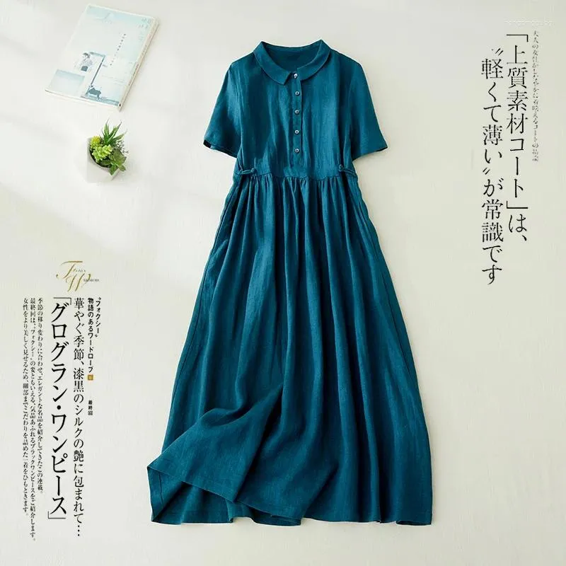 Robes de fête Limiguyue Cotton Linen Robe coréenne Femme Summer Summer Short Shirt Blue Vintage Vintage Vestidos Office Lady U471