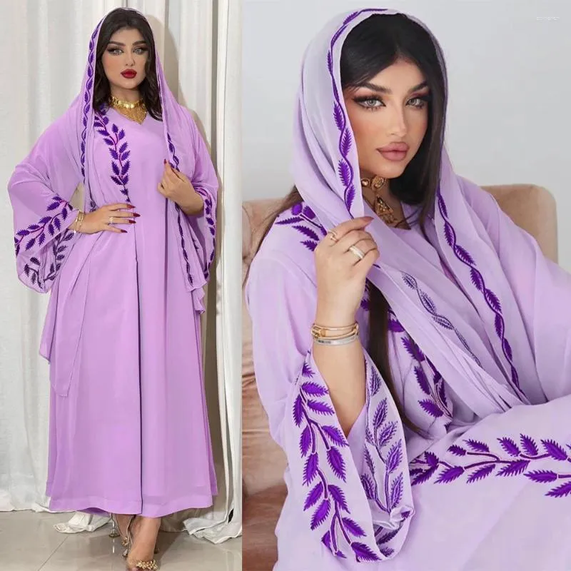 Ethnische Kleidung 2pcs Set Women Muslim Blätter bestickt Abaya Lose Robe Headscarf Hijabs Chiffon Kleid Jalabiya Arabische islamische Kaftan -Kleid