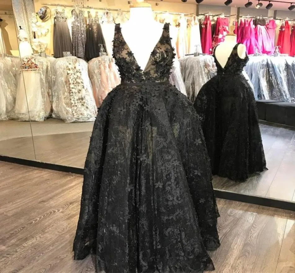 3D Floral Appliques Evening Gowns Lace Sexy V Neck Prom Dress Bead Plus Size Little Black Formal Dresses4405335