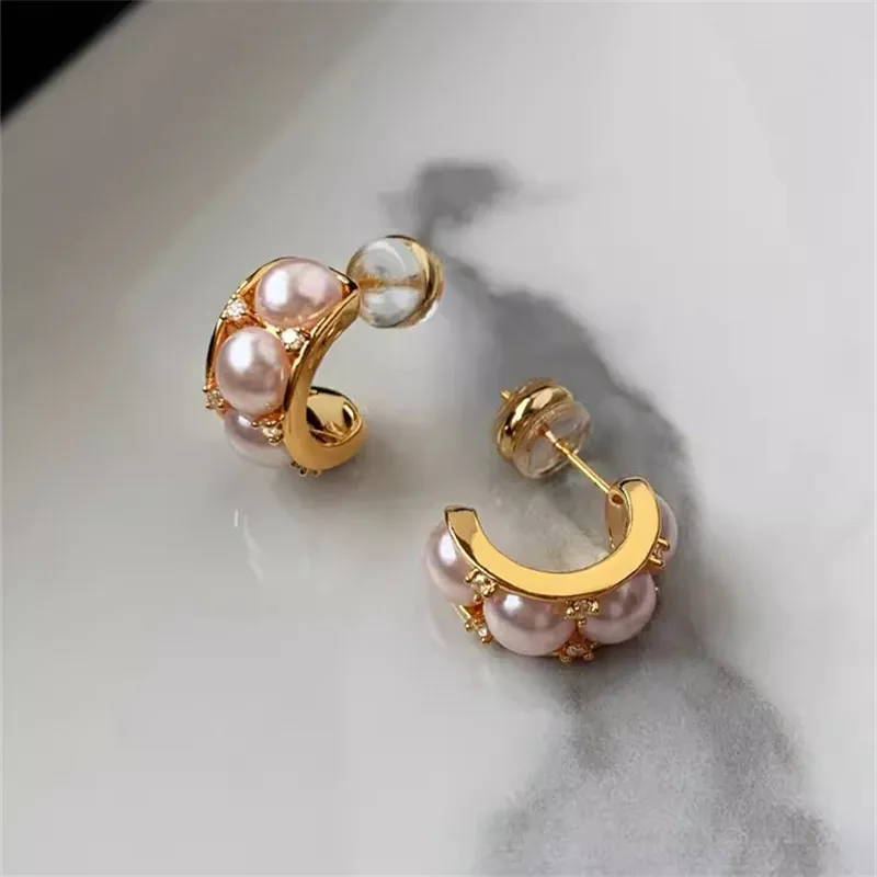 French Vintage Pink Natural Freshwater Pearl Earrings for Women Light Luxury Niche High-end Fashion Trends Charm Jewelry