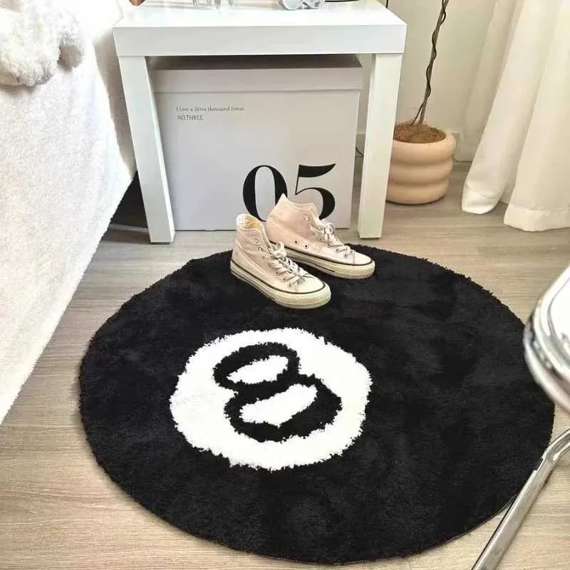 Carpet Simulation Billiards 8 Ball Rug Kids Bedroom Retro Black No. 8 Carpet Drop Round Tufting Soft Chair Pad Anti-slip Bath Floor Mat T240422