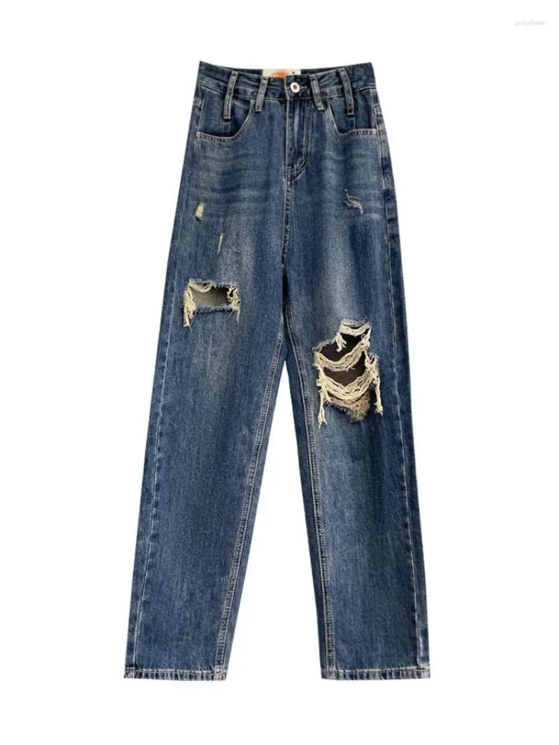 Frauen Jeans Vintage gerissen gerade Bein 2024 Feder große Größe hoher Taille locker mit dünnen Harenhosen breite neun Punkte