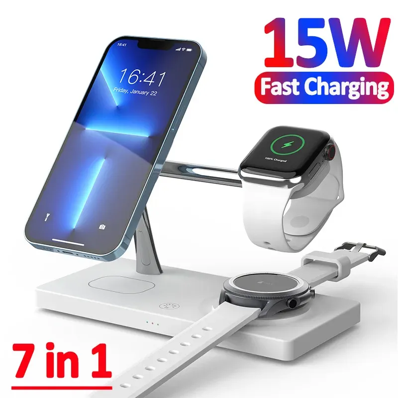 Laddare 30W Fast Magnetic Wireless Charger Stand MacSafe USB LED för iPhone 14 13 12Pro Max Apple Samsung Watch AirPods laddstation