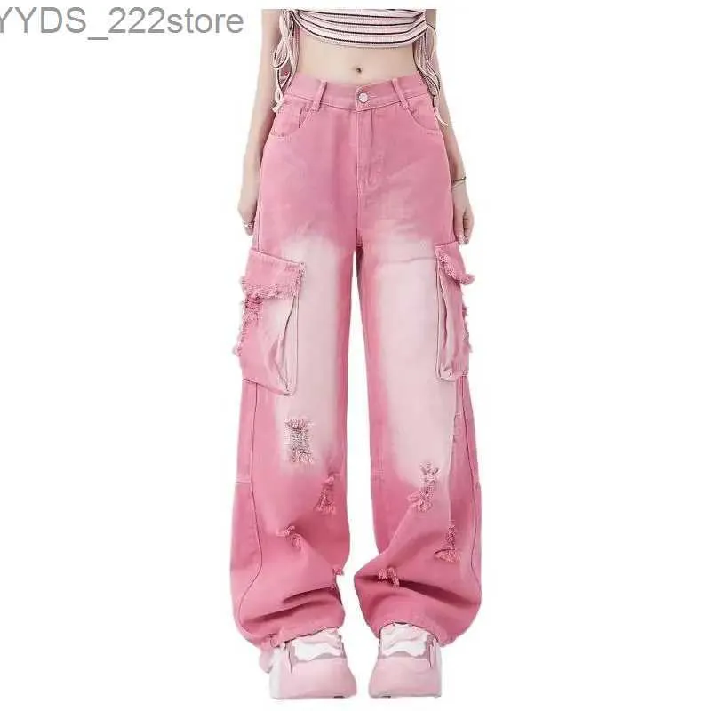Damesjeans Y2K Harajuku Wide Zuage High Taille Pocket Pink Proze jeans broek 2023 lente/zomer dames retro traan straatjeans broek YQ240423